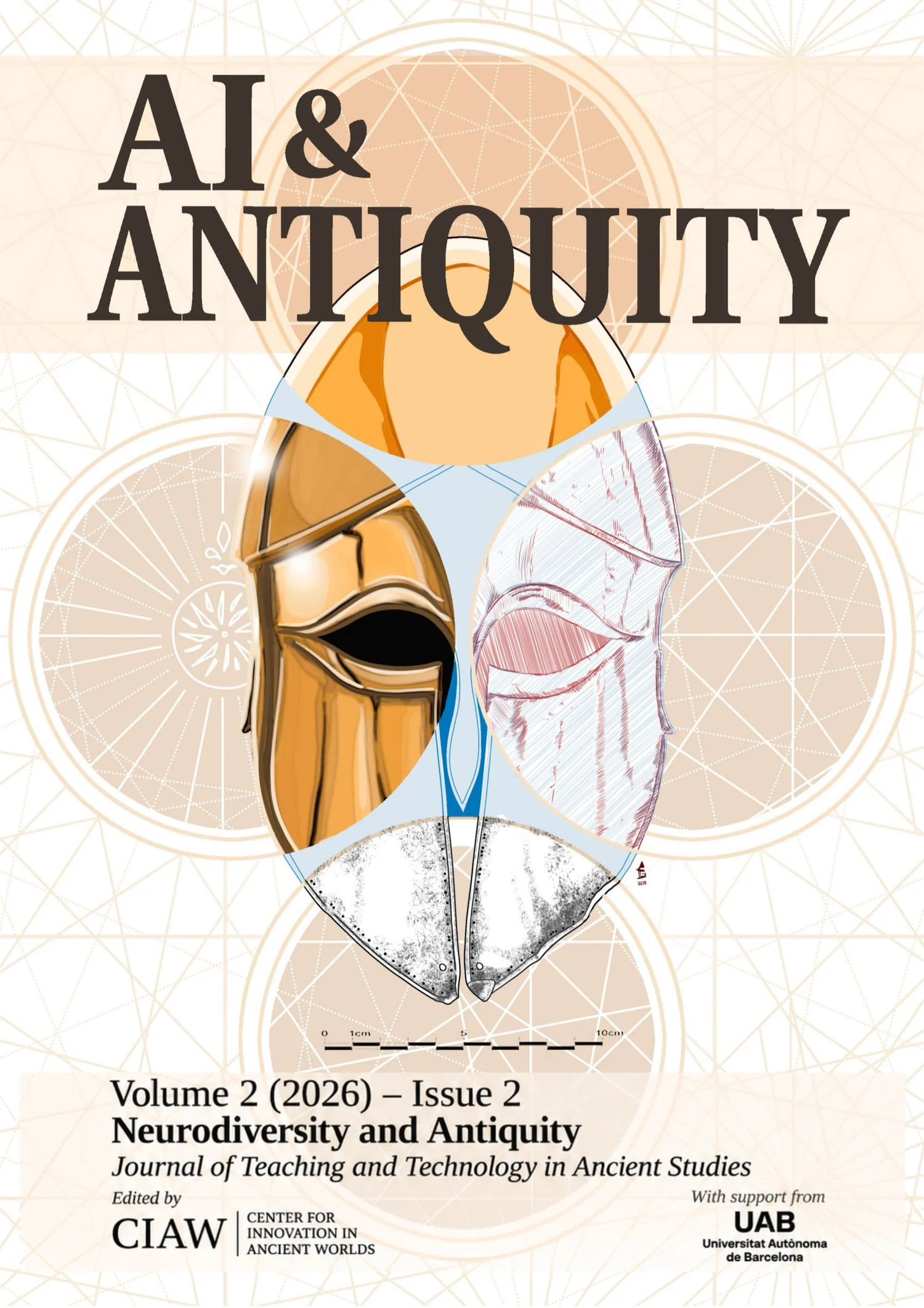Cover of AI & Antiquity, Volume 2, Issue 2 (2026), showing a stylised ancient helmet composition