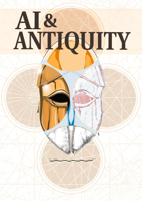 Artwork by Arturo Galindo García: an ancient-style helmet made from contrasting golden, pale pink and blue sections, against delicate circular geometric patterns