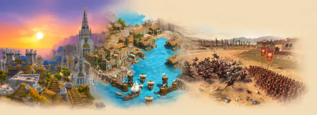 Panoramic Playing Antiquity artwork featuring historical and fantasy game worlds